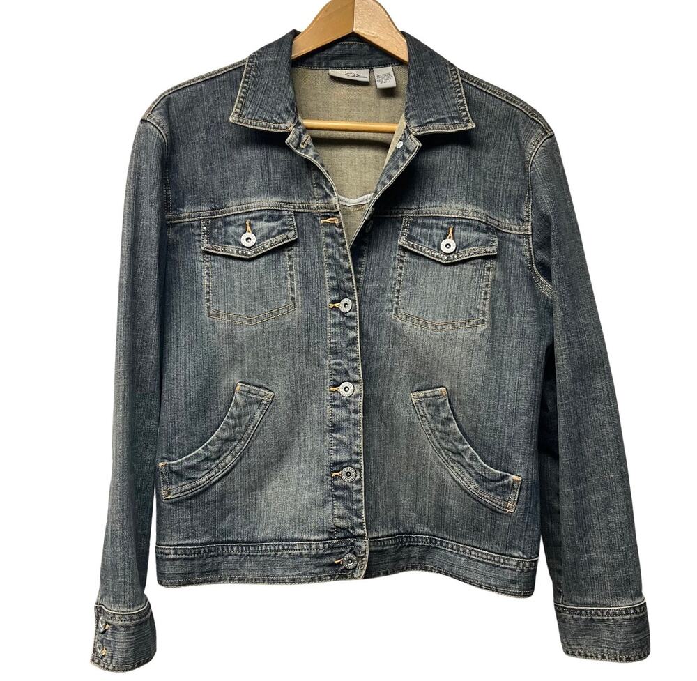 Chico’s Platinum Denim Jean Jacket Size 8 Medium Rhinestone Accents Chico's 1
